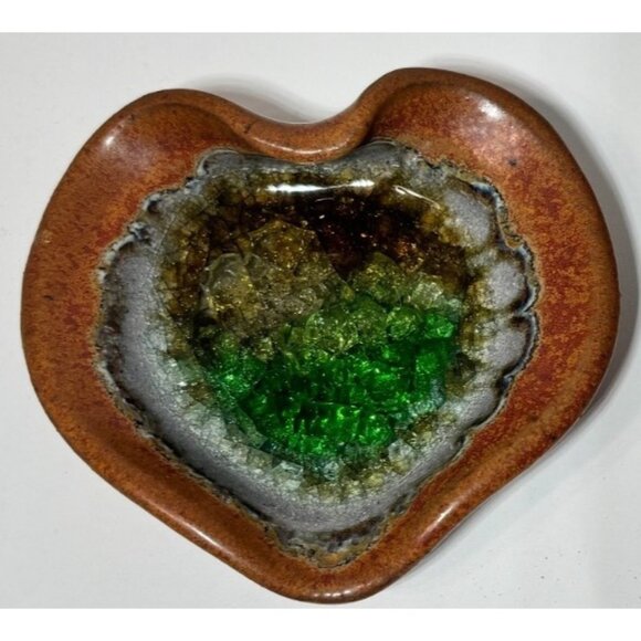 Art Pottery Crackle Glass Trinket Dish Geode Ring Dish Heart Shape - Picture 2 of 5
